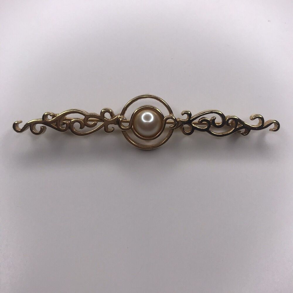 Vintage Monet Jewelry Brooch Pin Signed Gold Tone Faux Pearl